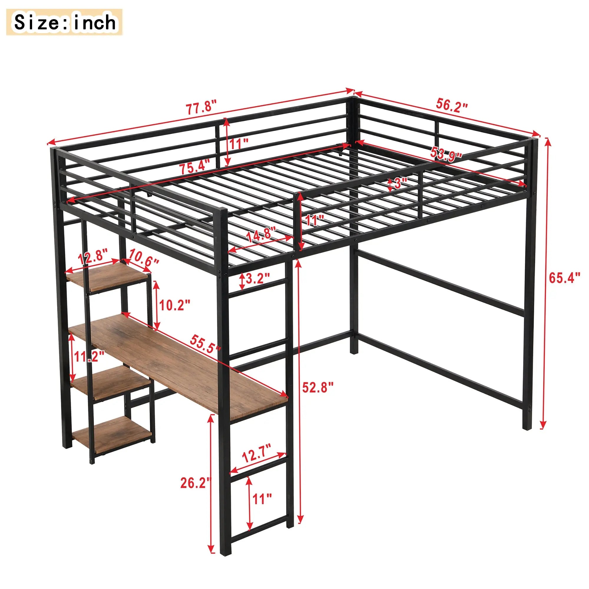 Bellemave® Full Size Metal Loft Bed with Built-in Desk and Storage Shelves Bellemave®