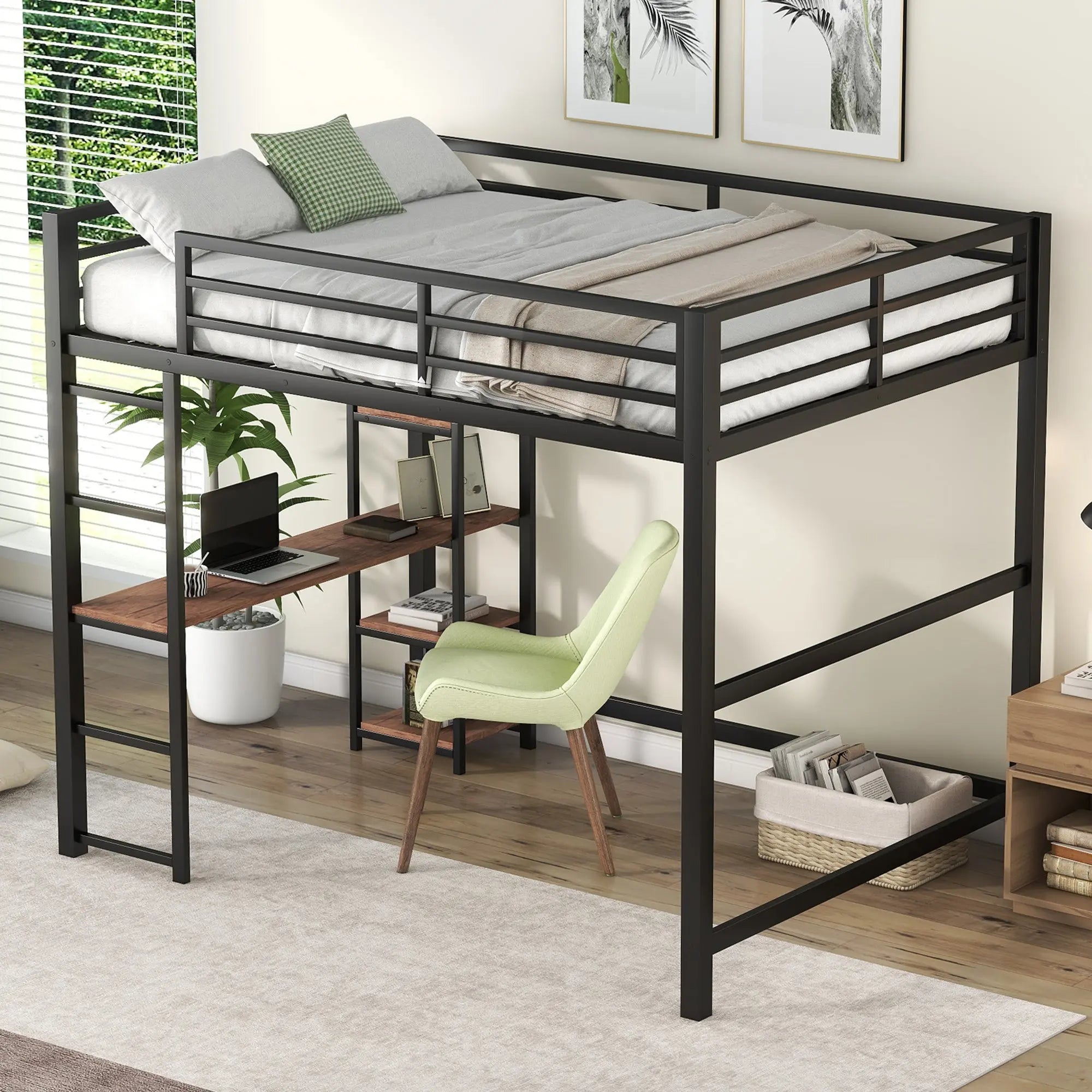 Bellemave® Full Size Metal Loft Bed with Built-in Desk and Storage Shelves Bellemave®