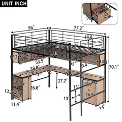 Bellemave Full Size Metal Loft Bed with Bookcase, Desk and Cabinet