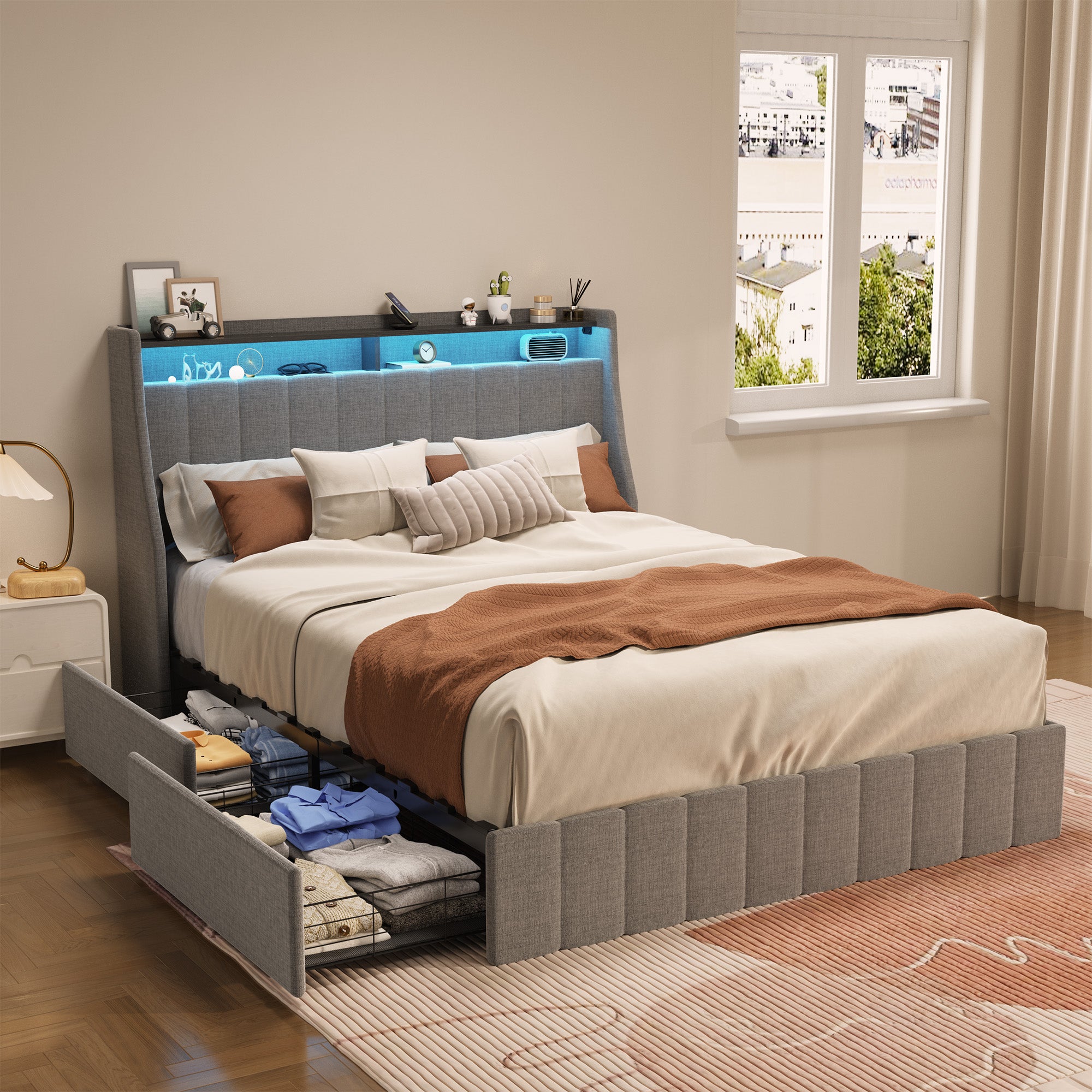Bellemave Metal Platform Bed with LED,4 Under-bed Portable Storage Drawers and Wings Headboard Design