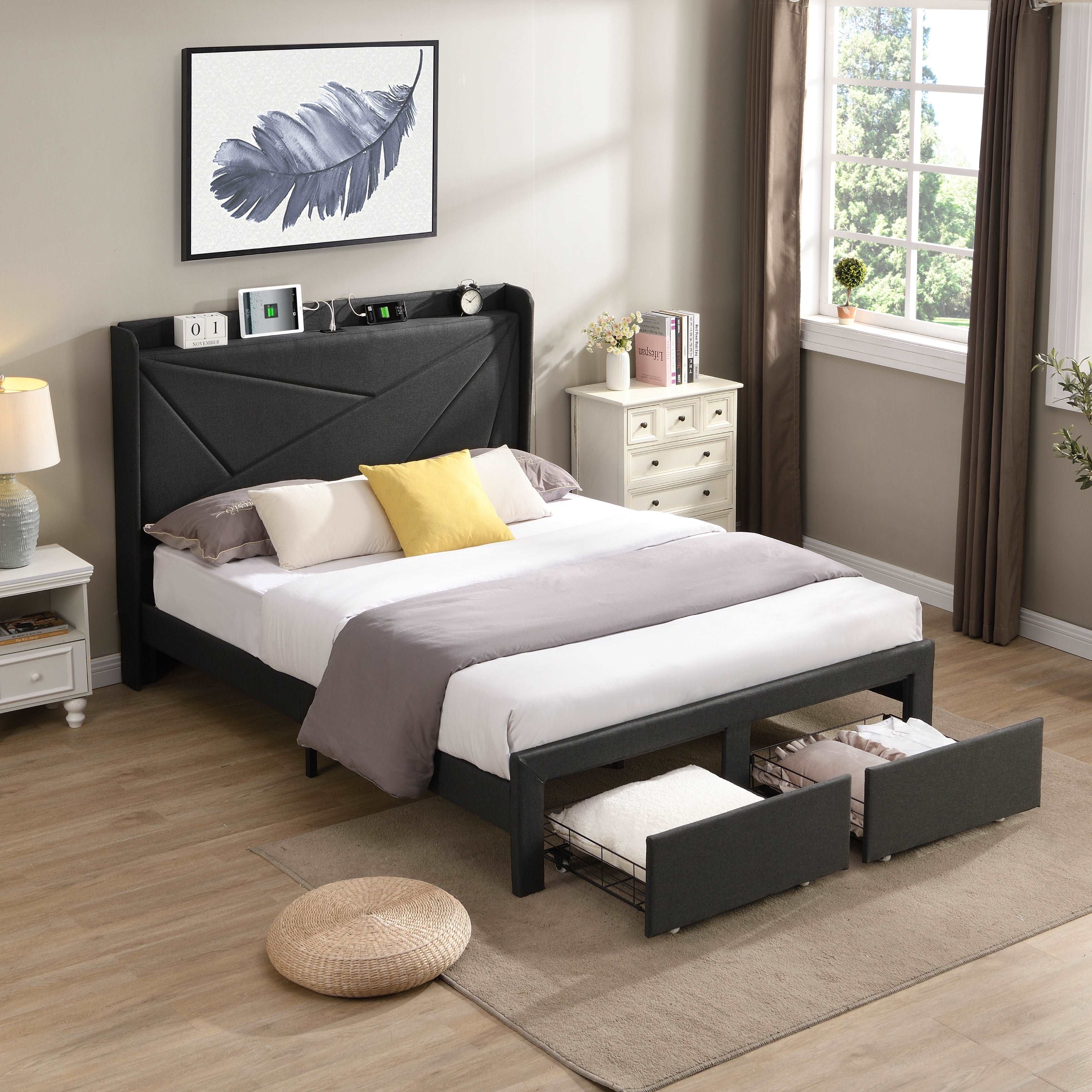 Bellemave Upholstered Bed with 2 Storage Drawers and Wingback Headboard, Storage Shelf Built-in USB Charging Stations