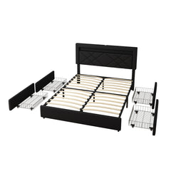 Bellemave® Queen Size Upholstered Platform Bed with LED Lights and USB Charging Station, Four Bottom Drawers Bellemave®