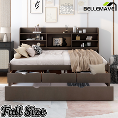 Bellemave Full Size Captain Bed, Full Beds with Trundle & Storage Drawers, Wood Daybed Frame with Bookcase Headboard & Slats Support for Kids Teens, Antique Brown Bellemave