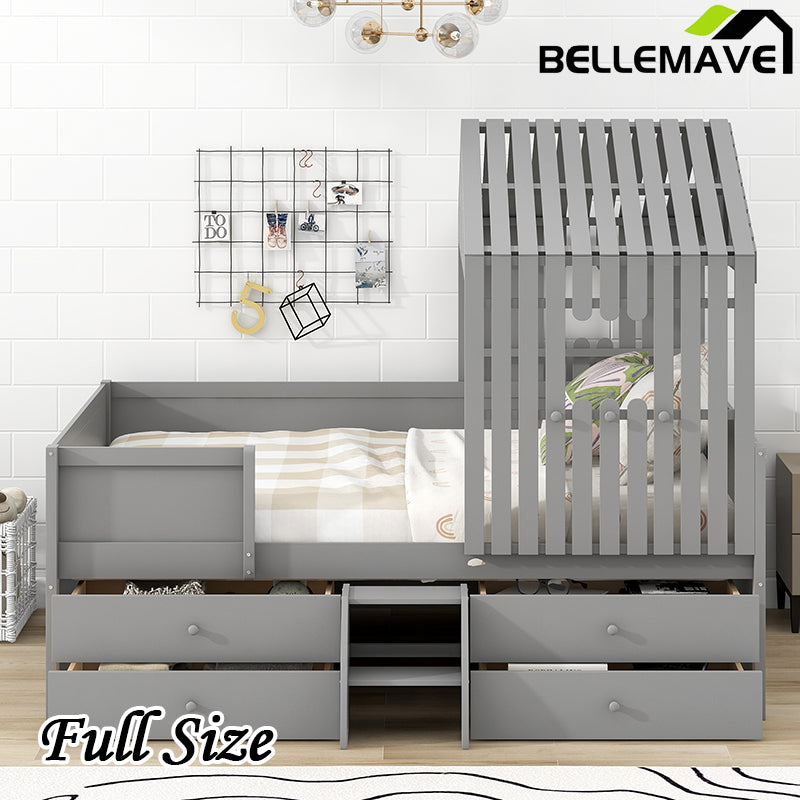 Bellemave® Full Size Low House Bed with 4 Drawers