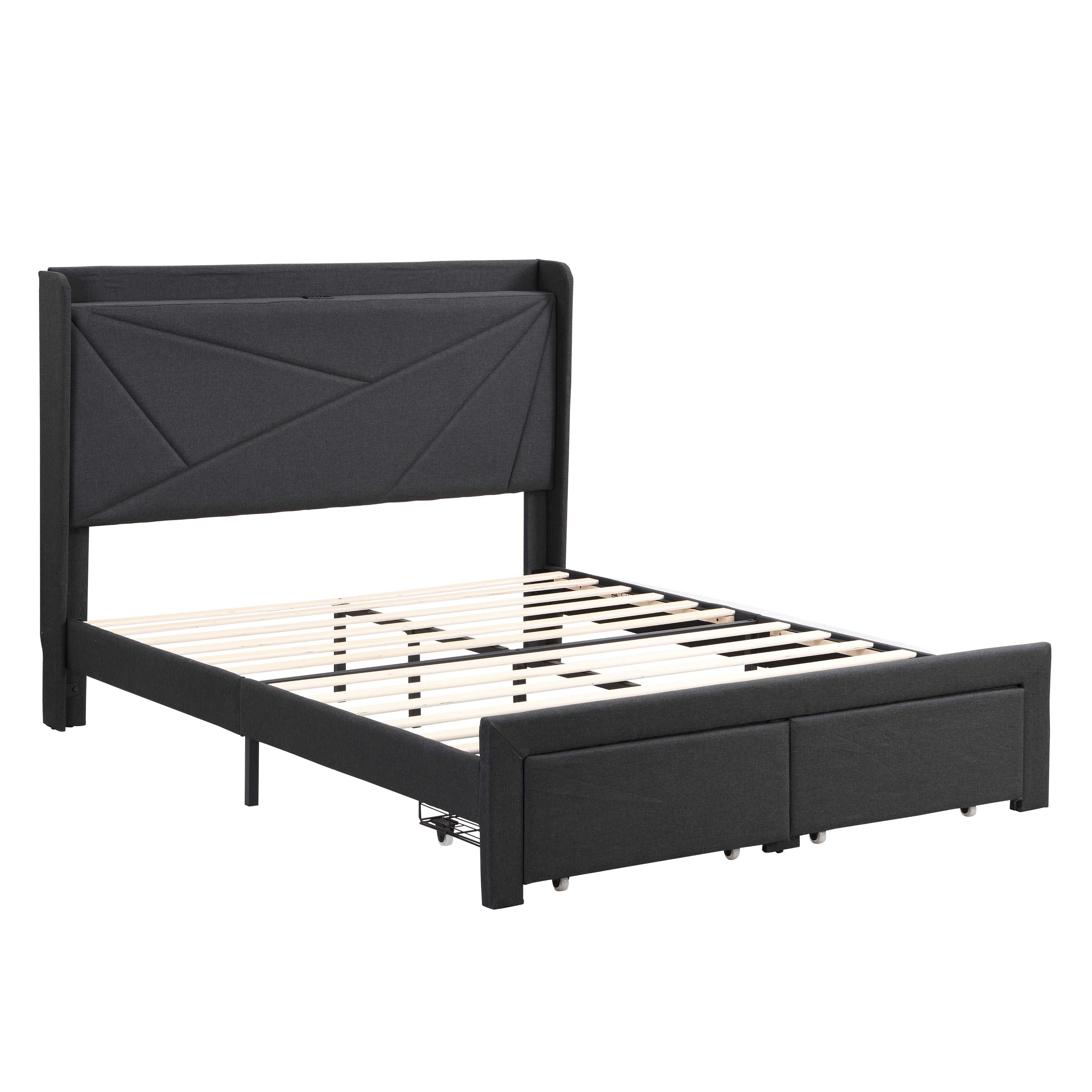 Bellemave Upholstered Bed with 2 Storage Drawers and Wingback Headboard, Storage Shelf Built-in USB Charging Stations