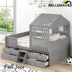 Bellemave® Full Size Low House Bed with 4 Drawers