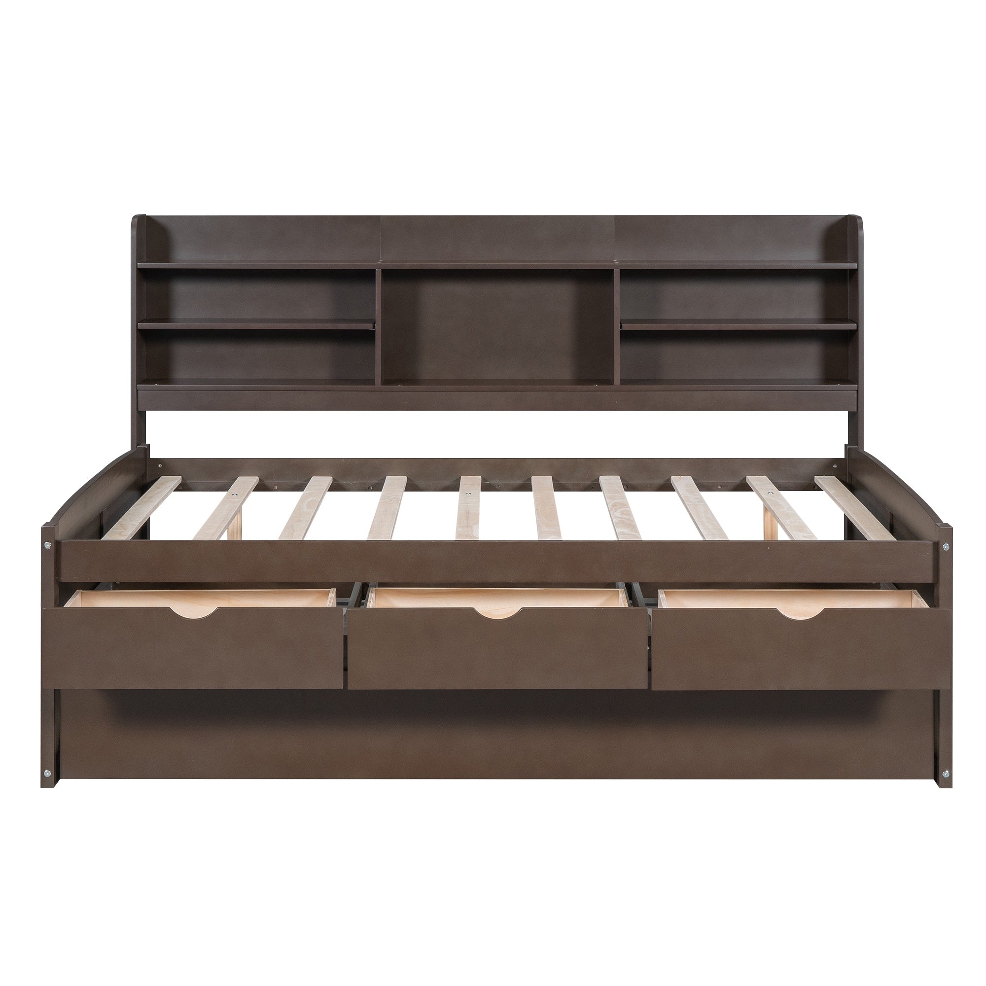 Bellemave Full Size Captain Bed, Full Beds with Trundle & Storage Drawers, Wood Daybed Frame with Bookcase Headboard & Slats Support for Kids Teens, Antique Brown Bellemave