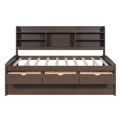 Bellemave Full Size Captain Bed, Full Beds with Trundle & Storage Drawers, Wood Daybed Frame with Bookcase Headboard & Slats Support for Kids Teens, Antique Brown Bellemave