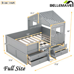 Bellemave® Full Size Low House Bed with 4 Drawers