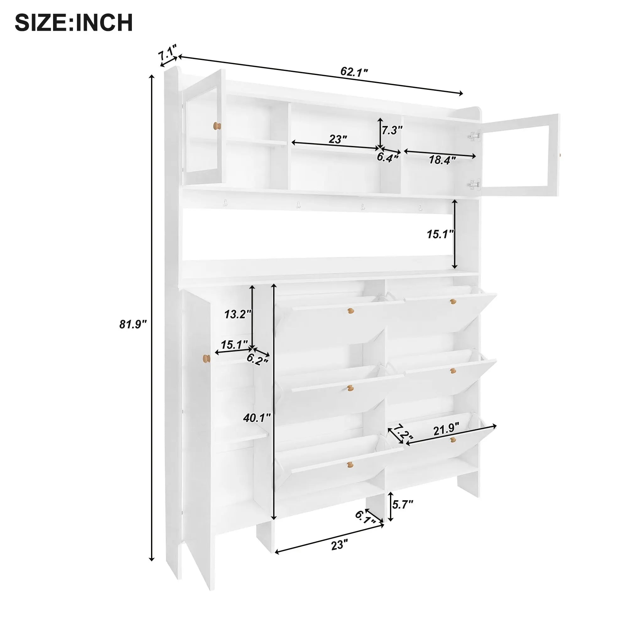 Bellemave® Multifunctional Shoe Cabinet with Storage Shelf & 6 Flip Drawers,Tempered Glass Doors and 4 Hooks Bellemave®