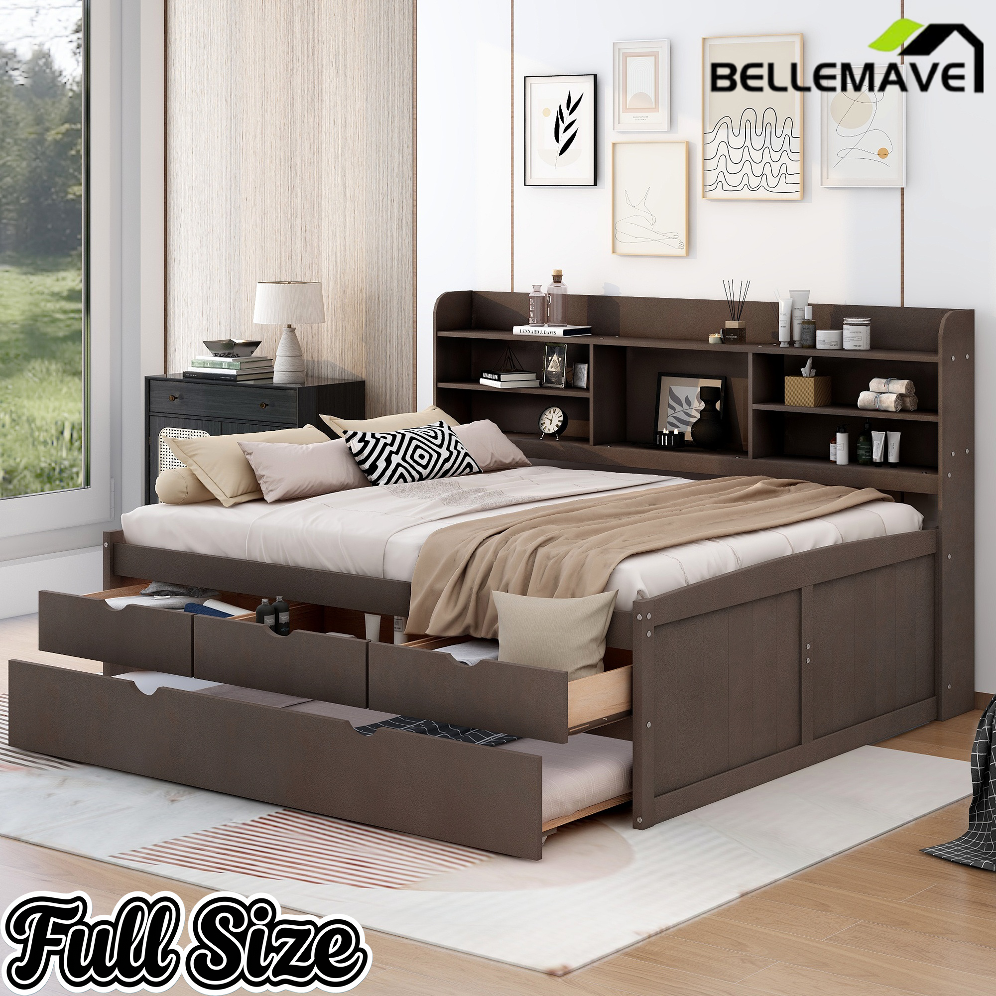 Bellemave Full Size Captain Bed, Full Beds with Trundle & Storage Drawers, Wood Daybed Frame with Bookcase Headboard & Slats Support for Kids Teens, Antique Brown Bellemave