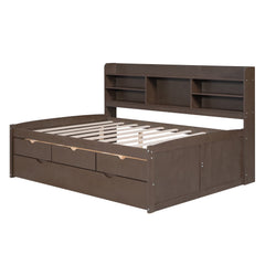 Bellemave Full Size Captain Bed, Full Beds with Trundle & Storage Drawers, Wood Daybed Frame with Bookcase Headboard & Slats Support for Kids Teens, Antique Brown Bellemave