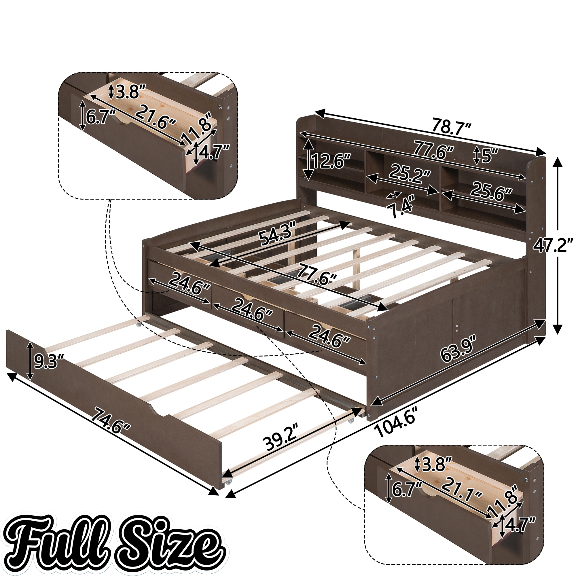 Bellemave Full Size Captain Bed, Full Beds with Trundle & Storage Drawers, Wood Daybed Frame with Bookcase Headboard & Slats Support for Kids Teens, Antique Brown Bellemave
