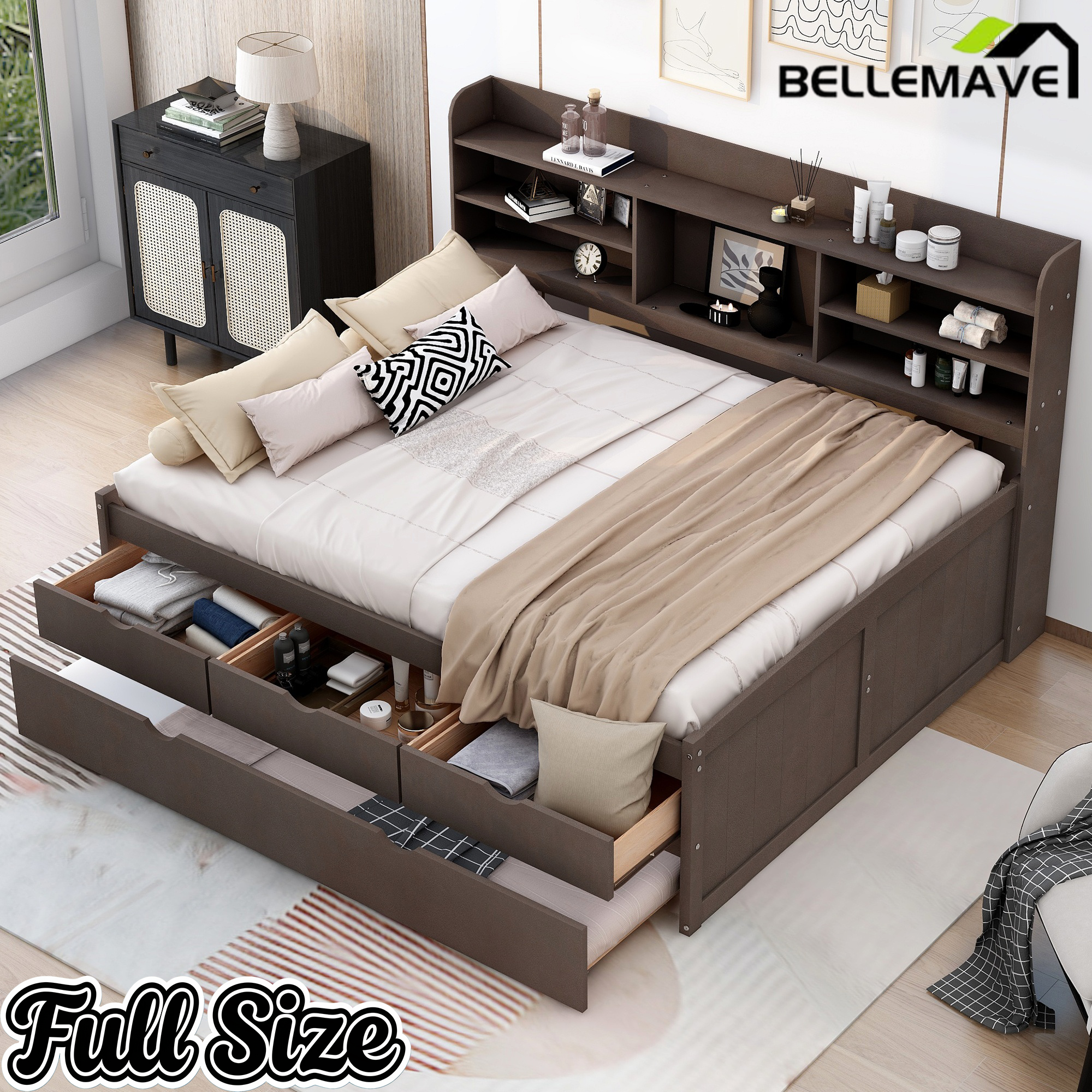 Bellemave Full Size Captain Bed, Full Beds with Trundle & Storage Drawers, Wood Daybed Frame with Bookcase Headboard & Slats Support for Kids Teens, Antique Brown Bellemave