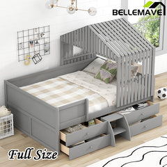 Bellemave® Full Size Low House Bed with 4 Drawers