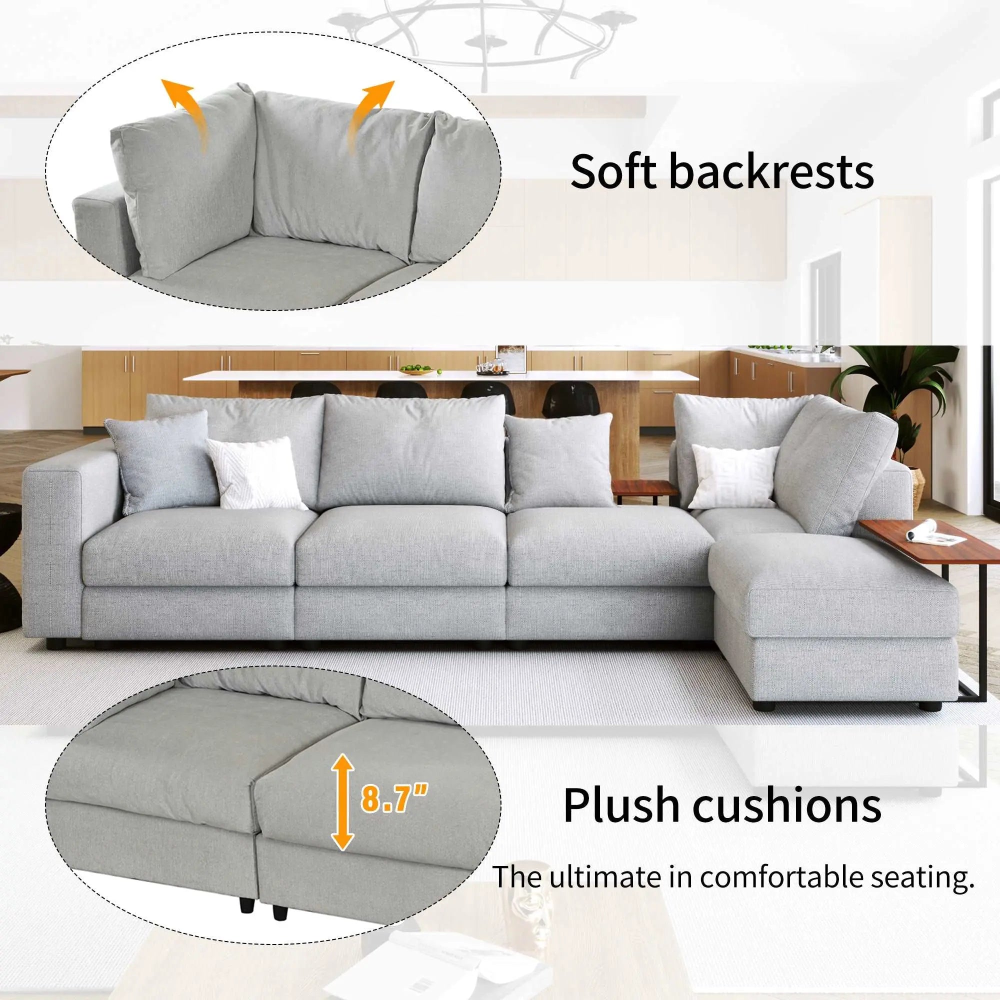 Bellemave 133" Modern Large L-Shape Sectional Sofa with 2 Pillows and 2 End Tables