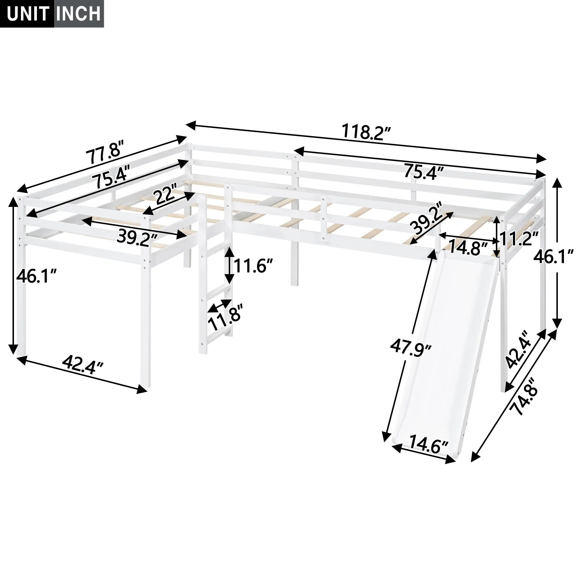 Bellemave® Twin Size L-Shaped Low Loft Bed with Ladder and Slide Bellemave®