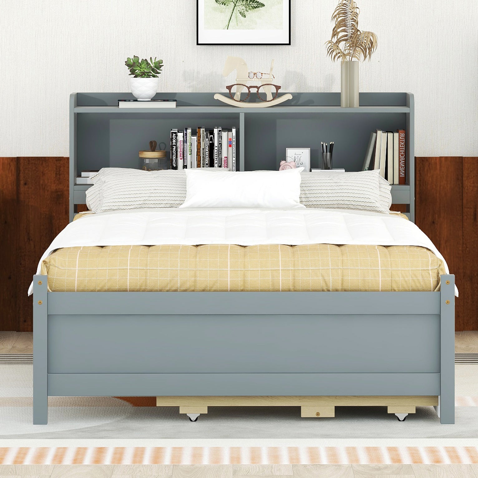 Bellemave Full Size PlatformBed with Bookcase Headboard, Trundle and Storage Drawers