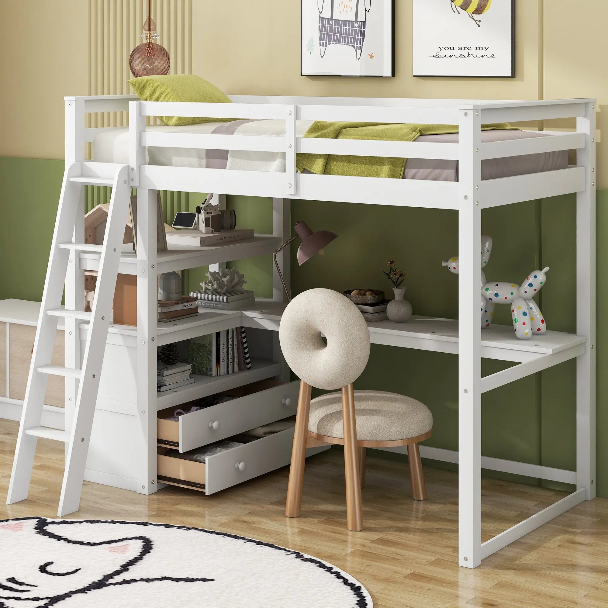 Bellemave® Loft Bed with Desk and Shelves, Two Built-in Drawers Bellemave®