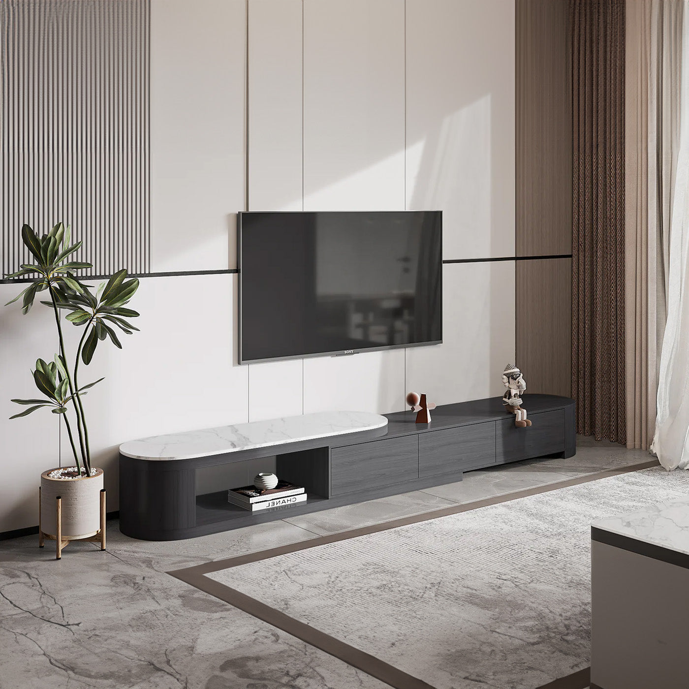 Bellemave 70.8" Black Color Modern Sintered Stone And Ash Wood TV Cabinet