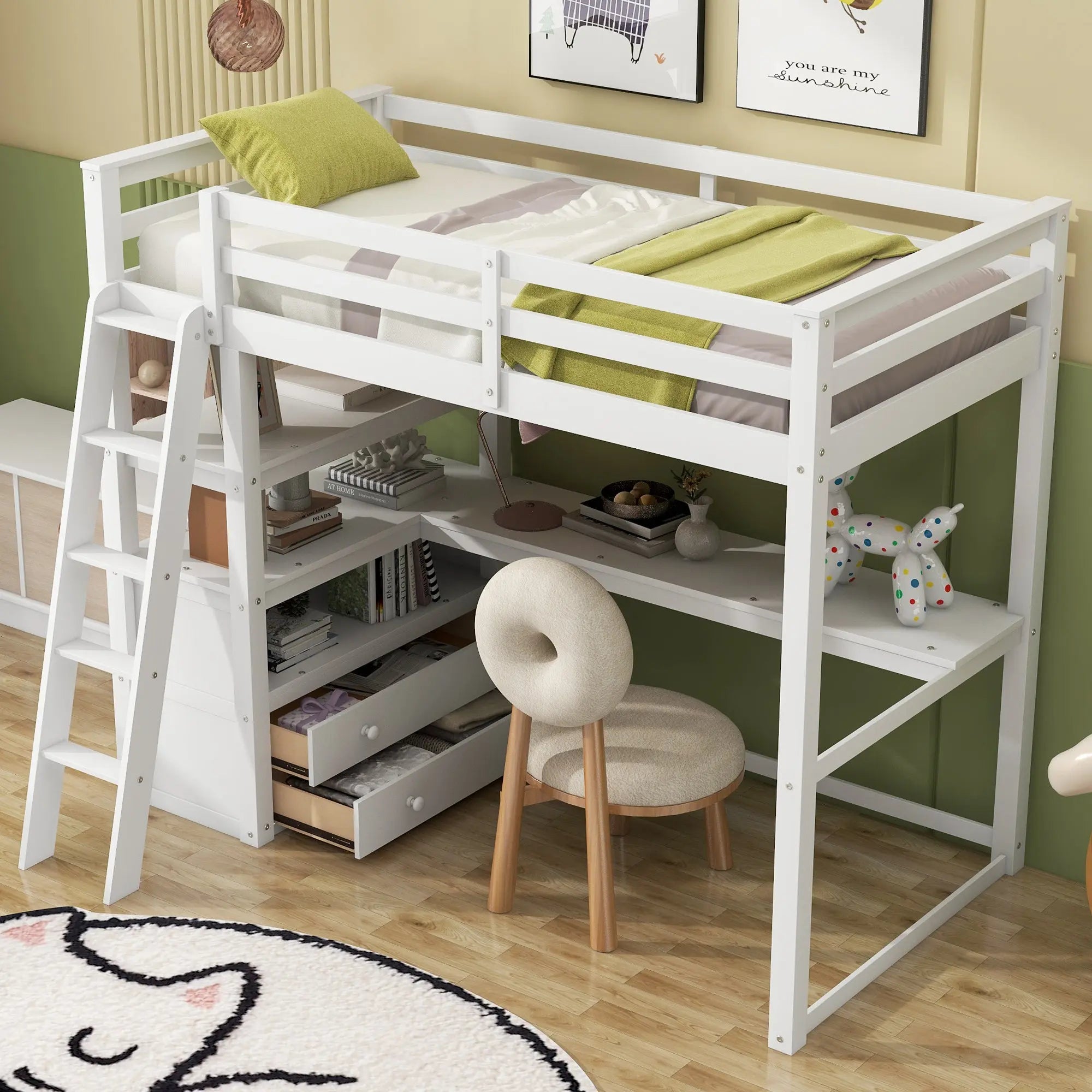 Bellemave® Loft Bed with Desk and Shelves, Two Built-in Drawers Bellemave®