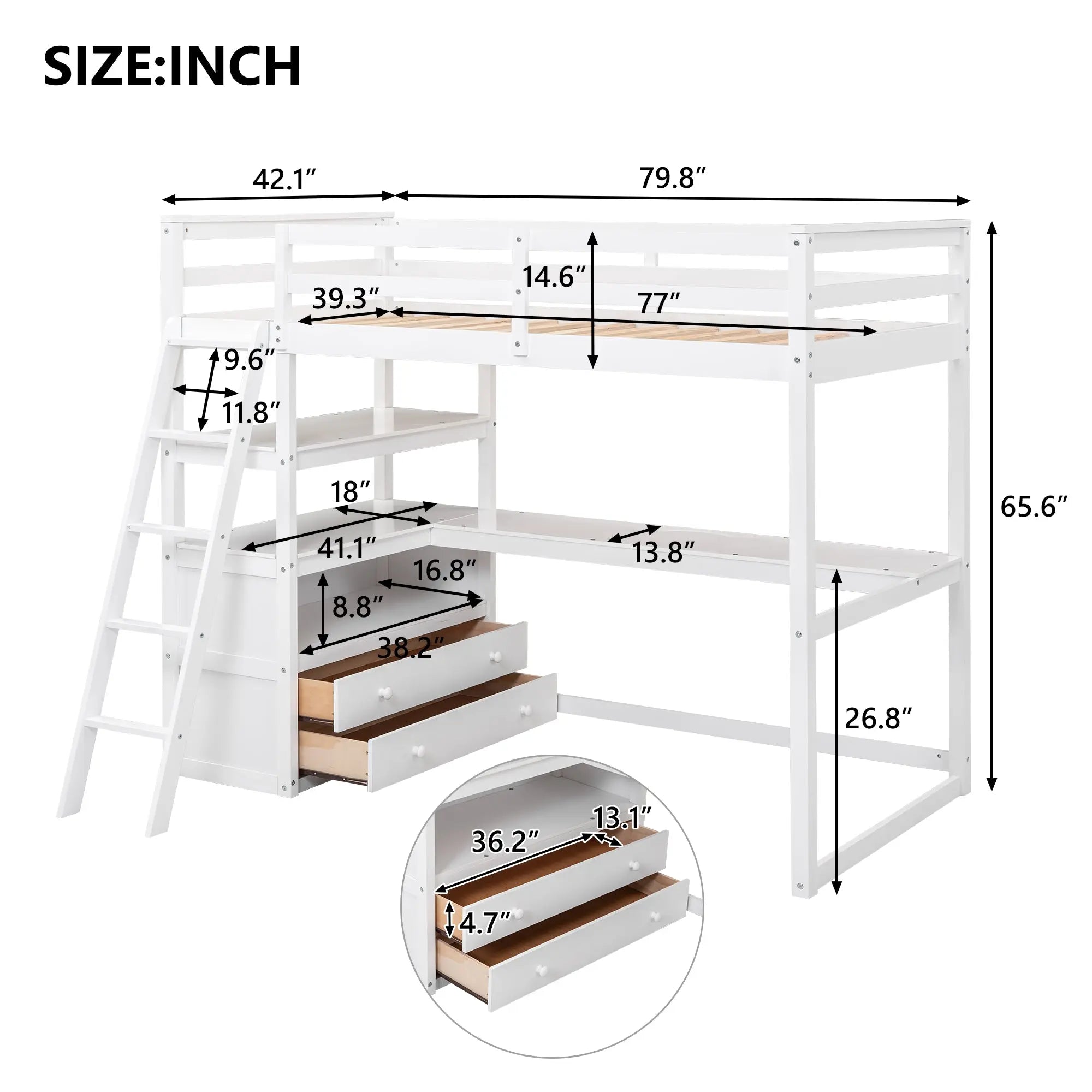 Bellemave® Loft Bed with Desk and Shelves, Two Built-in Drawers Bellemave®