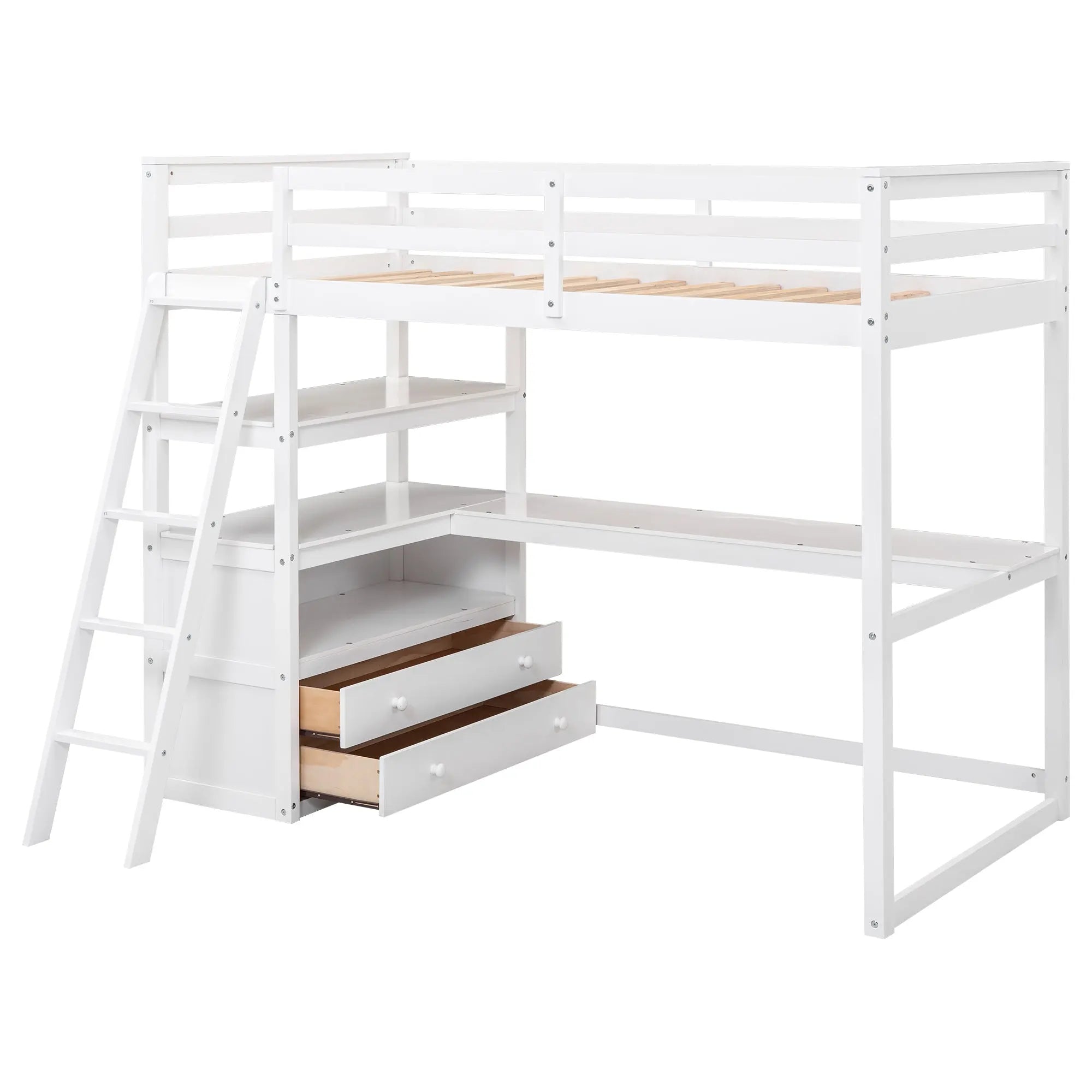 Bellemave® Loft Bed with Desk and Shelves, Two Built-in Drawers Bellemave®