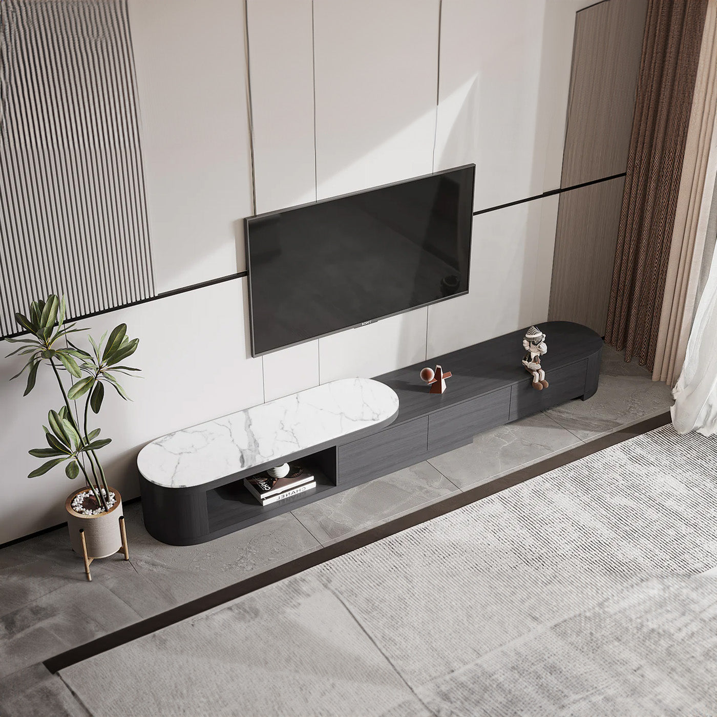Bellemave 70.8" Black Color Modern Sintered Stone And Ash Wood TV Cabinet