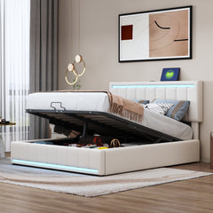 Bellemave® Queen Size Upholstered Platform Bed with Hydraulic Storage System, LED Light, and a set of USB Ports and Sockets Bellemave®