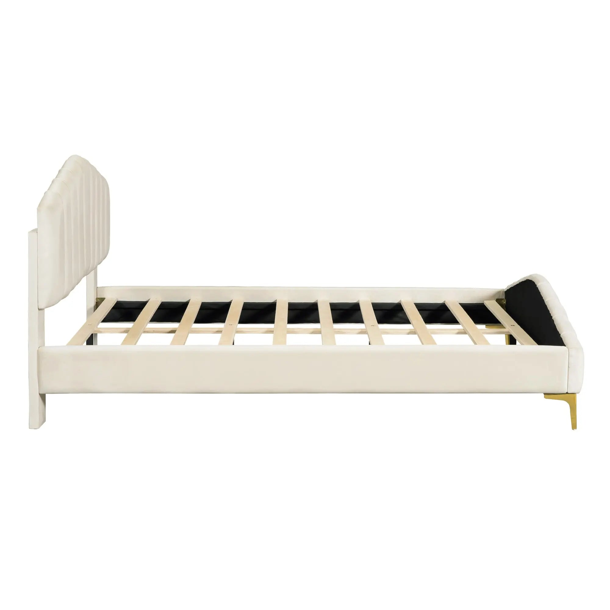 Bellemave® Queen Size Velvet Upholstered Platform Bed with Thick Fabric, Stylish Stripe Decorative Headboard and Metal Bed Leg Bellemave®