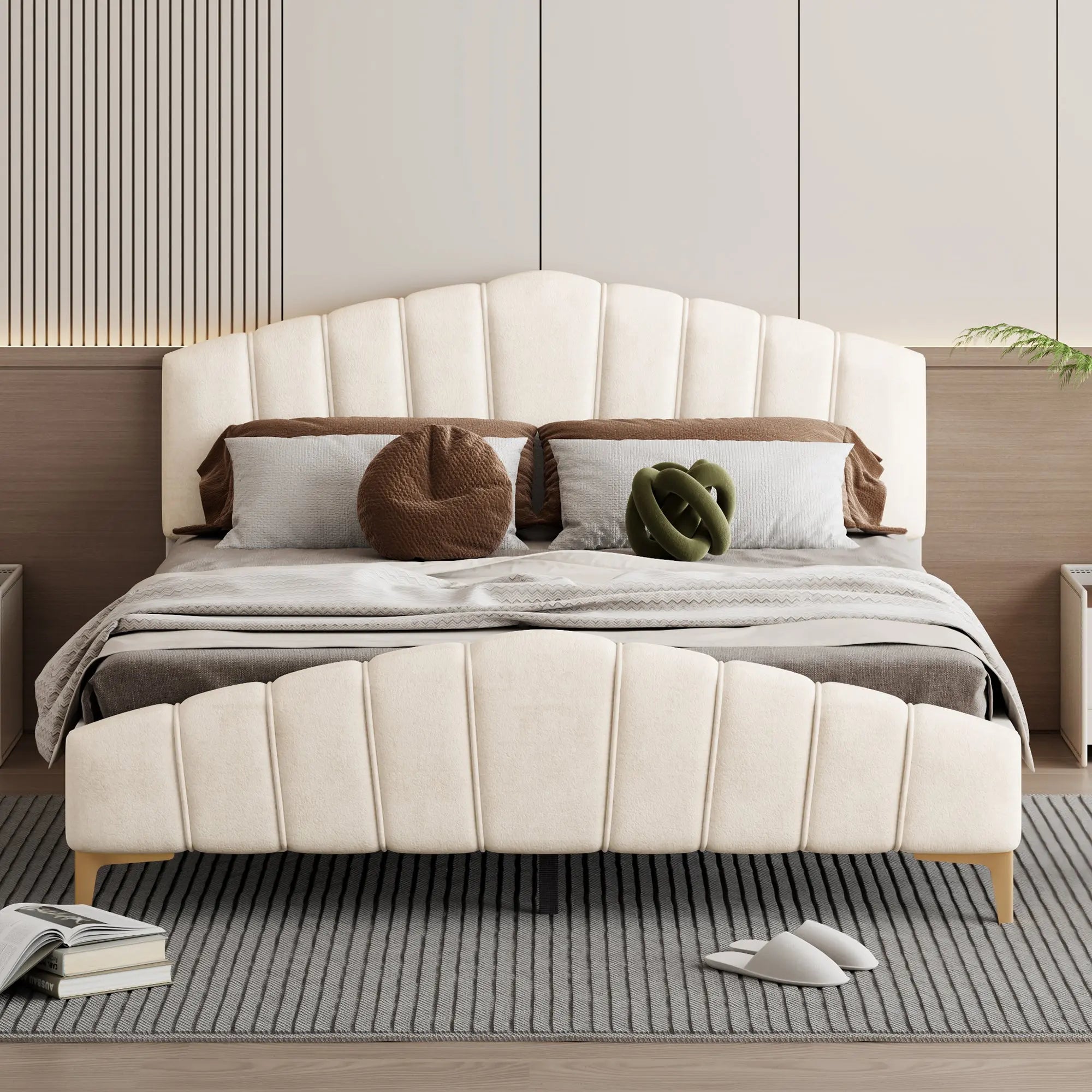 Bellemave® Queen Size Velvet Upholstered Platform Bed with Thick Fabric, Stylish Stripe Decorative Headboard and Metal Bed Leg Bellemave®