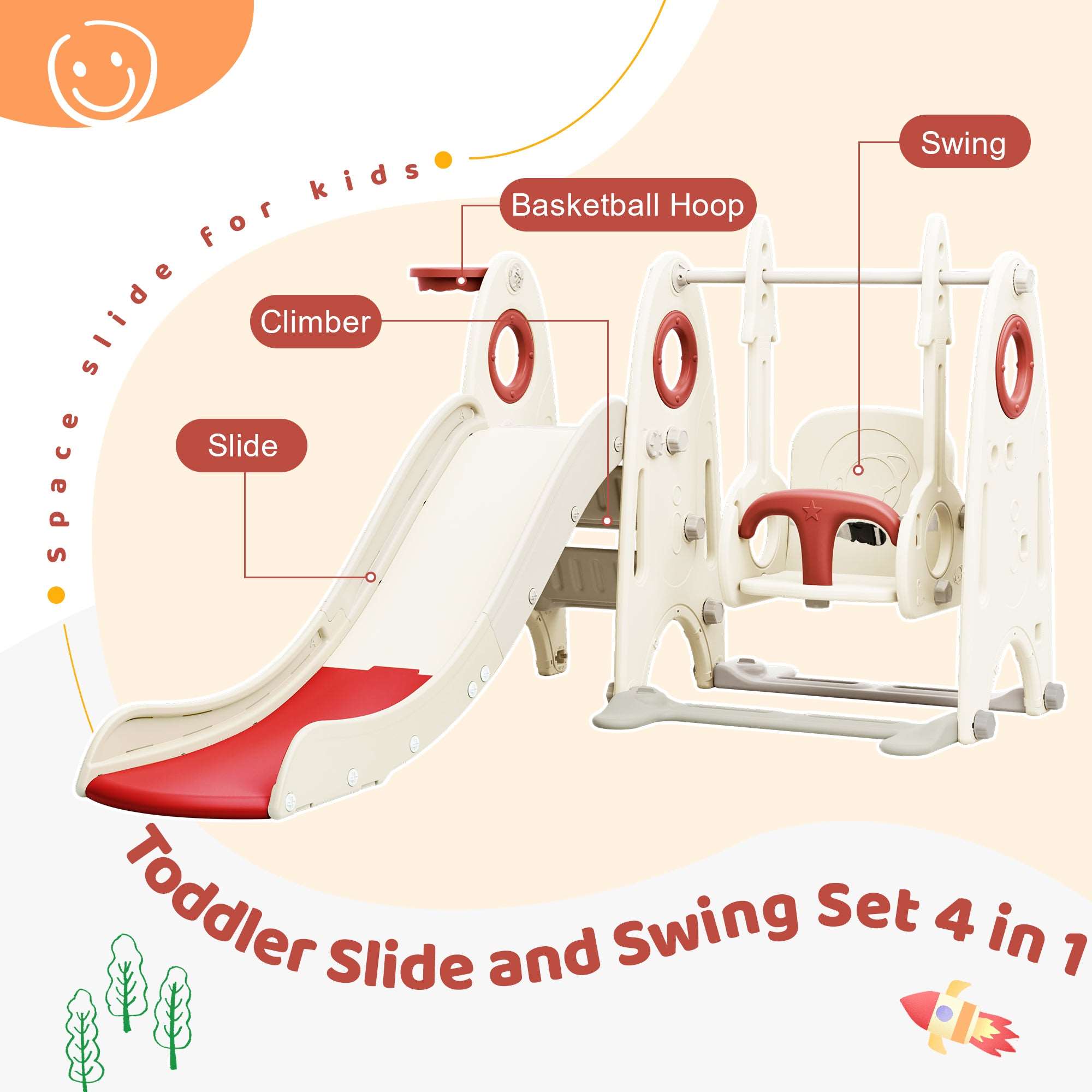 Bellemave 4 in 1 Toddler Slide and Swing Set, Kids Playground Climber Slide Playset with Basketball Hoop,Freestanding Combination