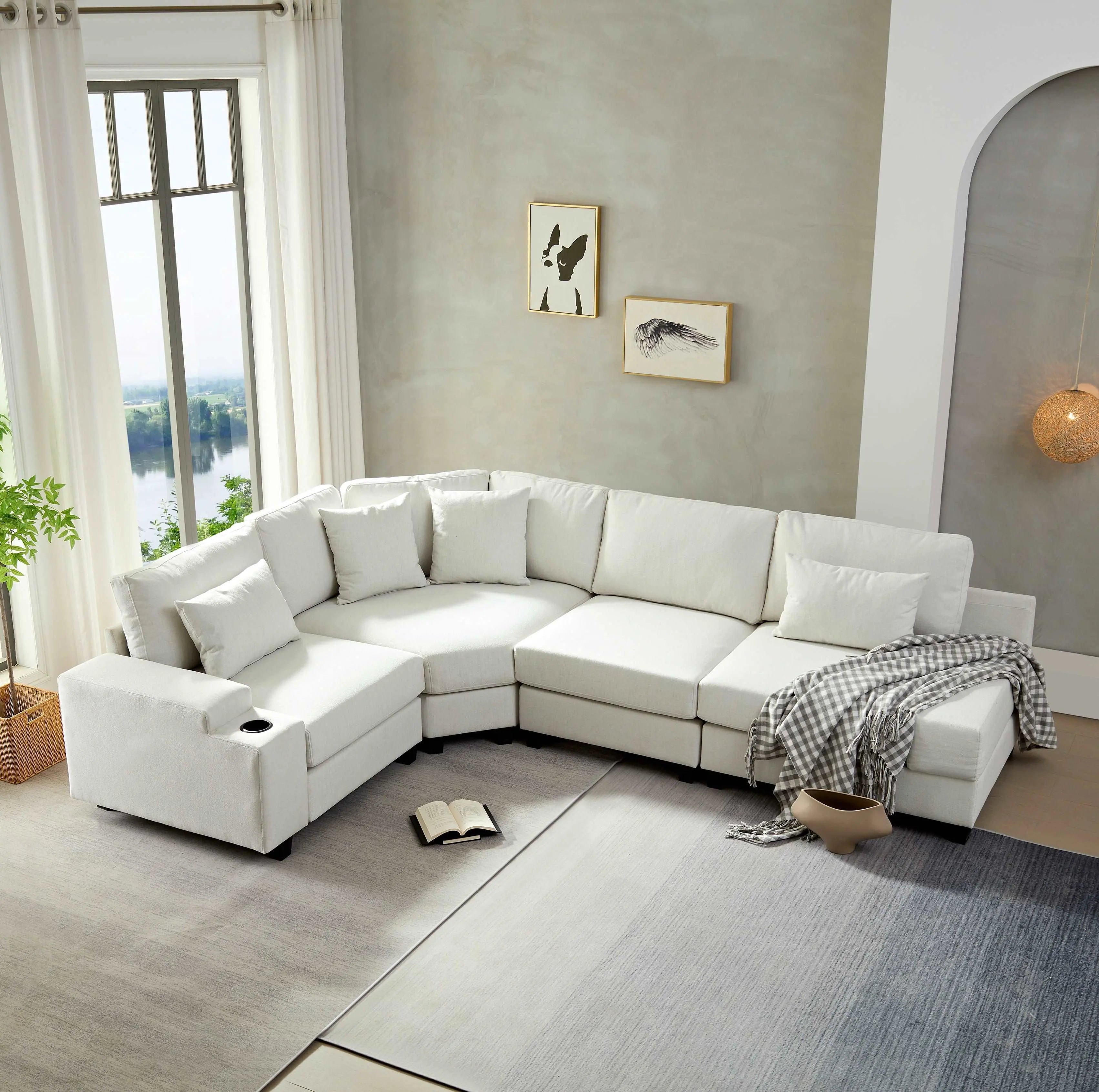 Bellemave 115.4" Stylish Modular Sofa Sectional with Polyester Upholstery with 4 Pillows and 1 Cup Holder