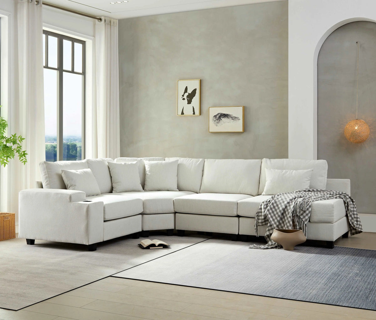 Bellemave 115.4" Stylish Modular Sofa Sectional with Polyester Upholstery with 4 Pillows and 1 Cup Holder
