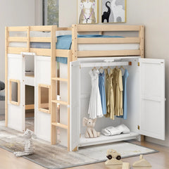 Bellemave® Twin Size Wood Loft Bed with Built-in Storage Wardrobe and 2 Windows Bellemave®