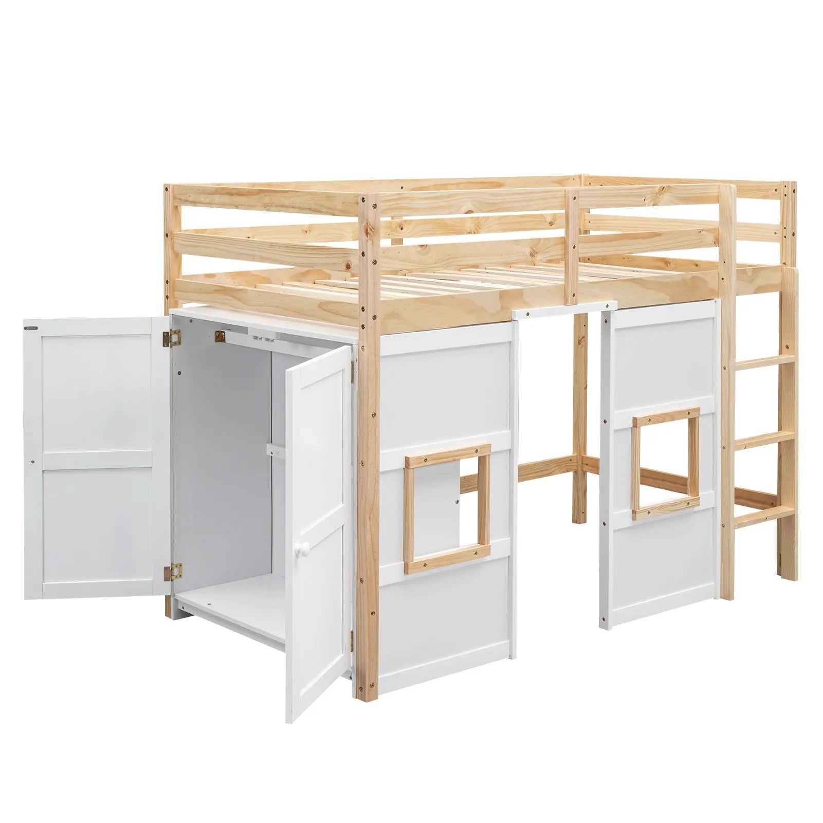 Bellemave® Twin Size Wood Loft Bed with Built-in Storage Wardrobe and 2 Windows Bellemave®