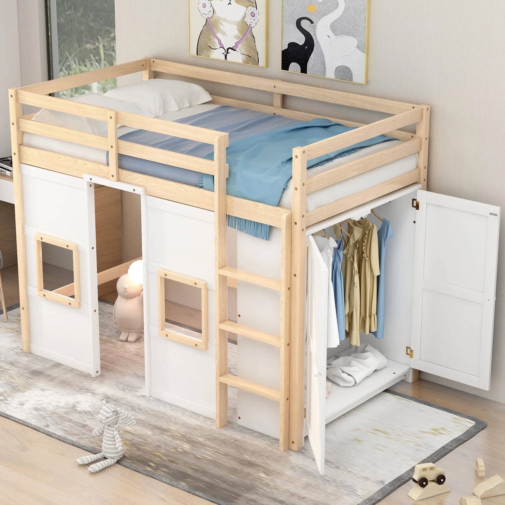 Bellemave® Twin Size Wood Loft Bed with Built-in Storage Wardrobe and 2 Windows Bellemave®