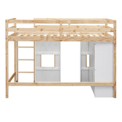 Bellemave® Twin Size Wood Loft Bed with Built-in Storage Wardrobe and 2 Windows Bellemave®