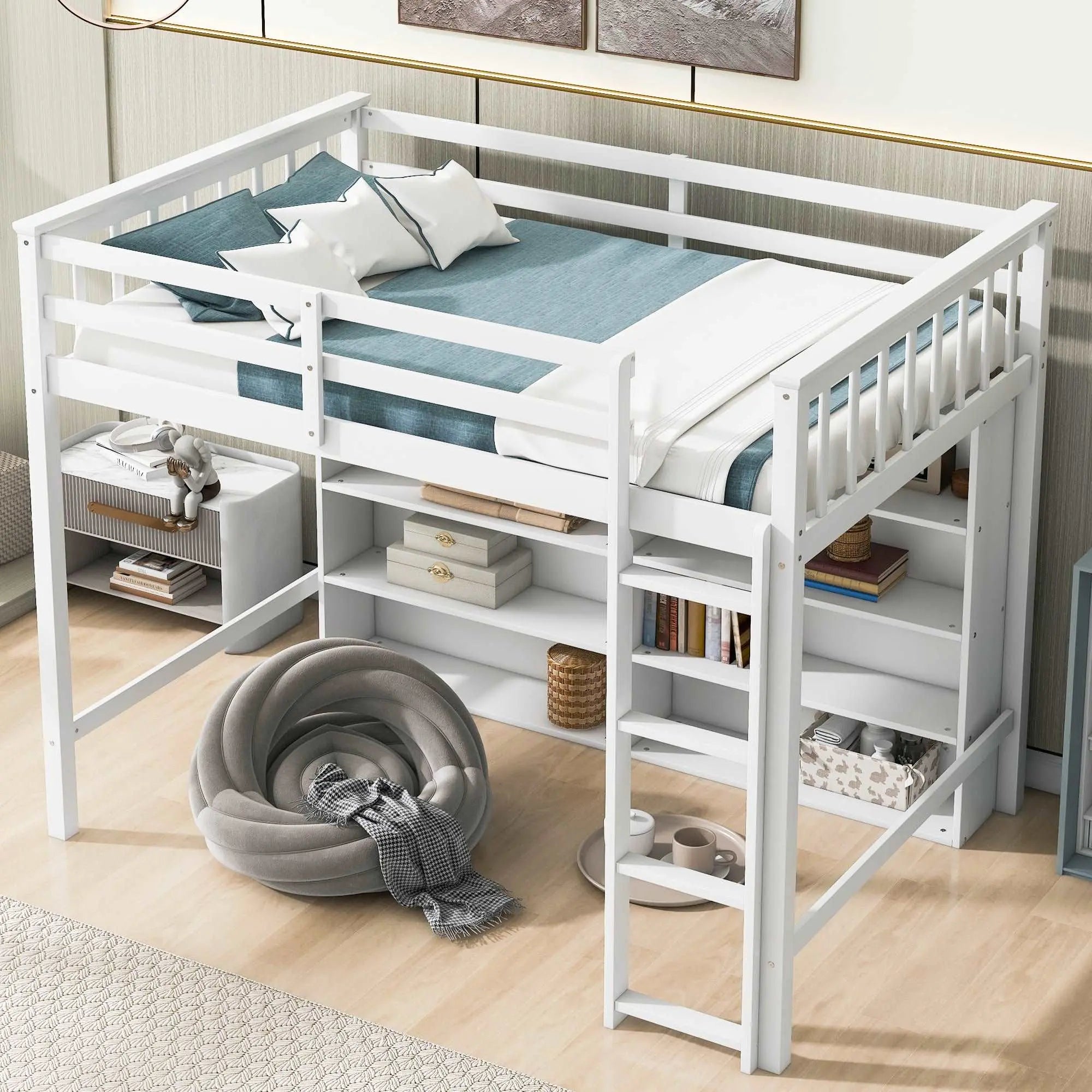 Bellemave Loft Bed with 8 Open Storage Shelves and Built-in Ladder