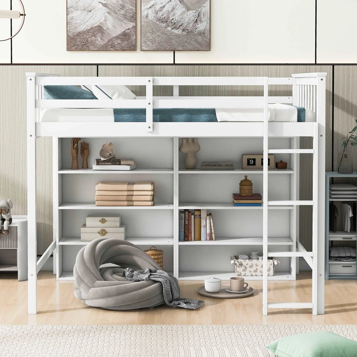 Bellemave Loft Bed with 8 Open Storage Shelves and Built-in Ladder