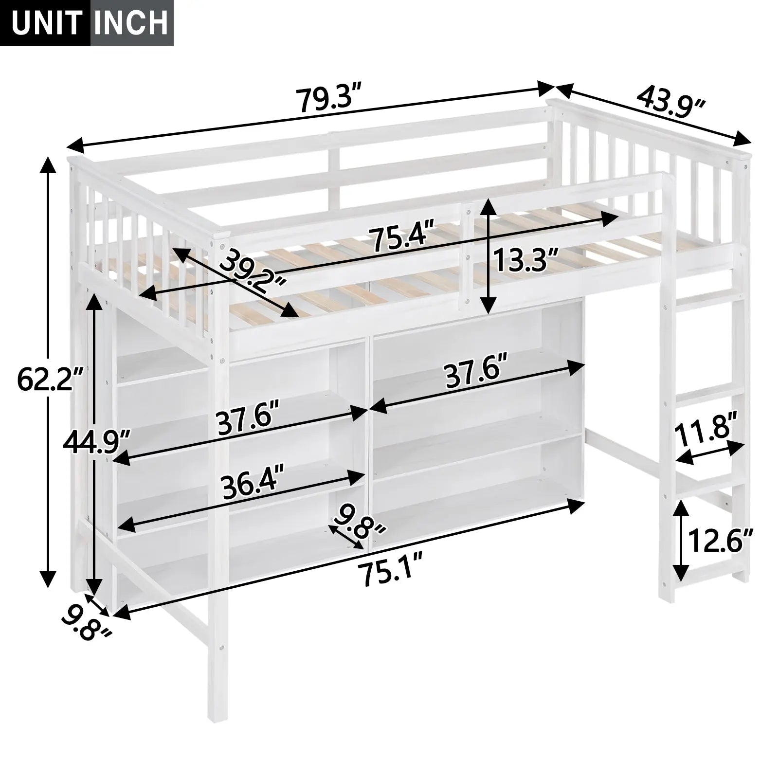 Bellemave® Loft Bed with 8 Open Storage Shelves and Built-in Ladder Bellemave®