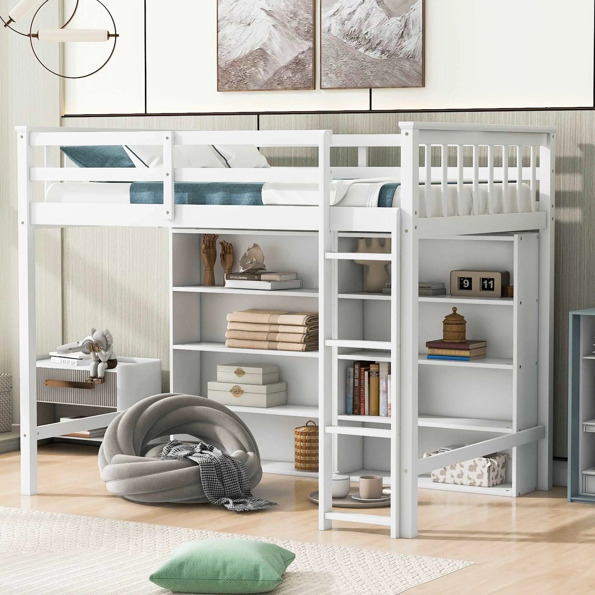 Bellemave Loft Bed with 8 Open Storage Shelves and Built-in Ladder