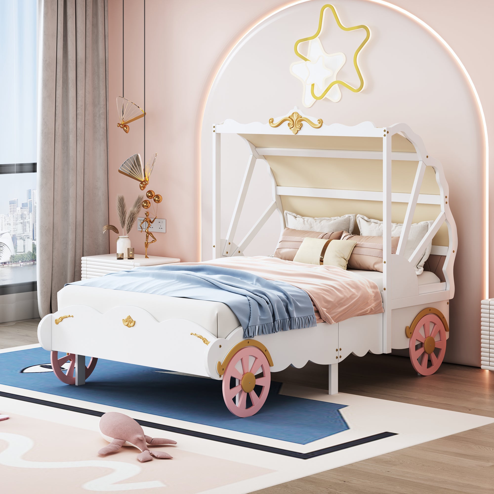 Bellemave Wood Platform Car Bed with 3D Carving Pattern,Princess Carriage Bed with Canopy