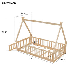 Bellemave® Twin Size Tent-shaped Floor Bed with Guardrails,Slats and Door Bellemave®