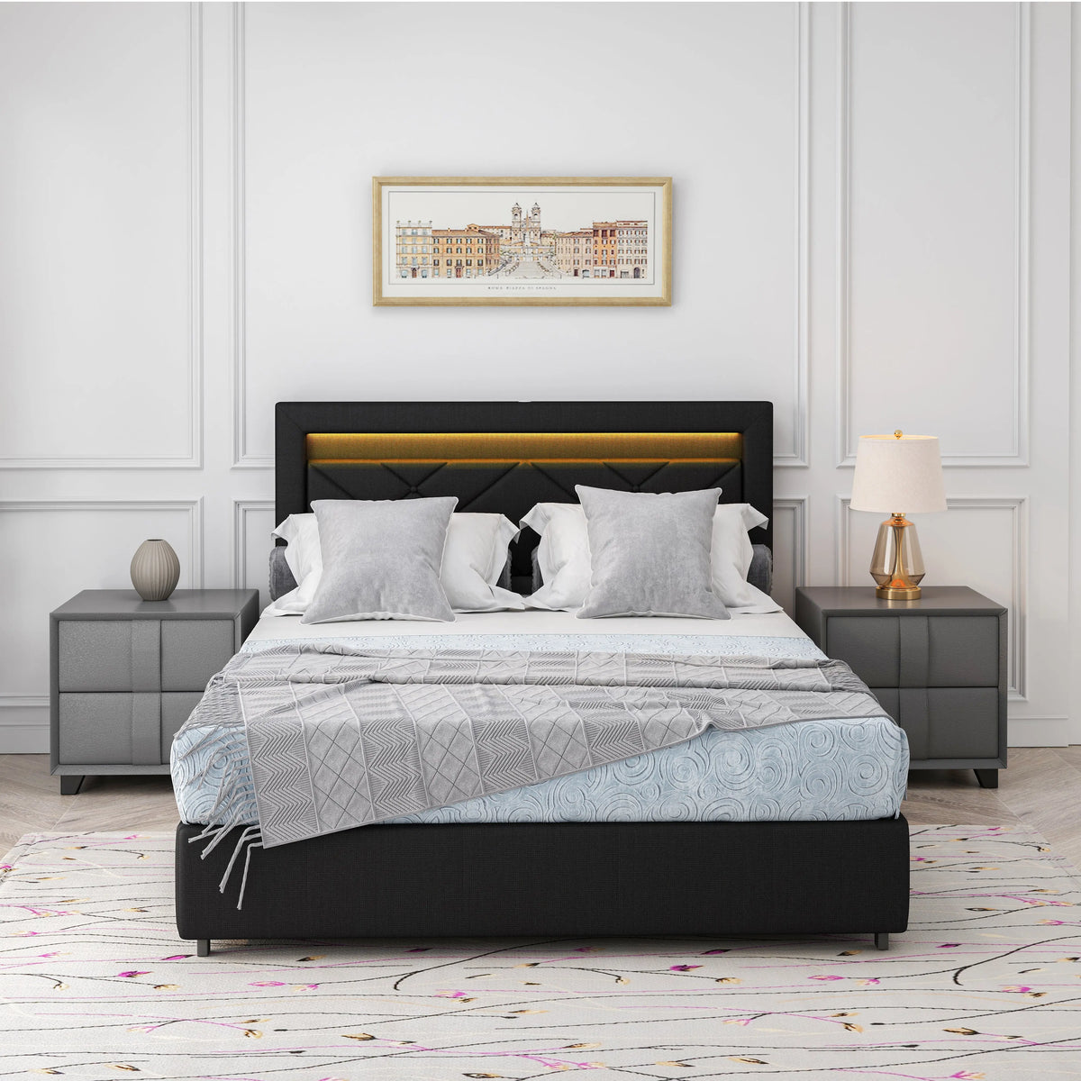 Bellemave® Queen Size Upholstered Platform Bed with LED Lights and USB Charging Station, Four Bottom Drawers Bellemave®