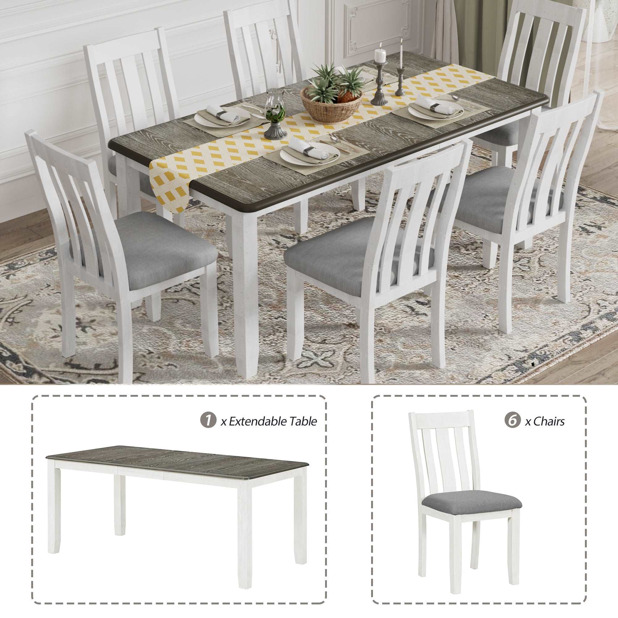 Bellemave 7-Piece Retro Style Dining Table Set with Extendable Table and 6 Upholstered Chairs