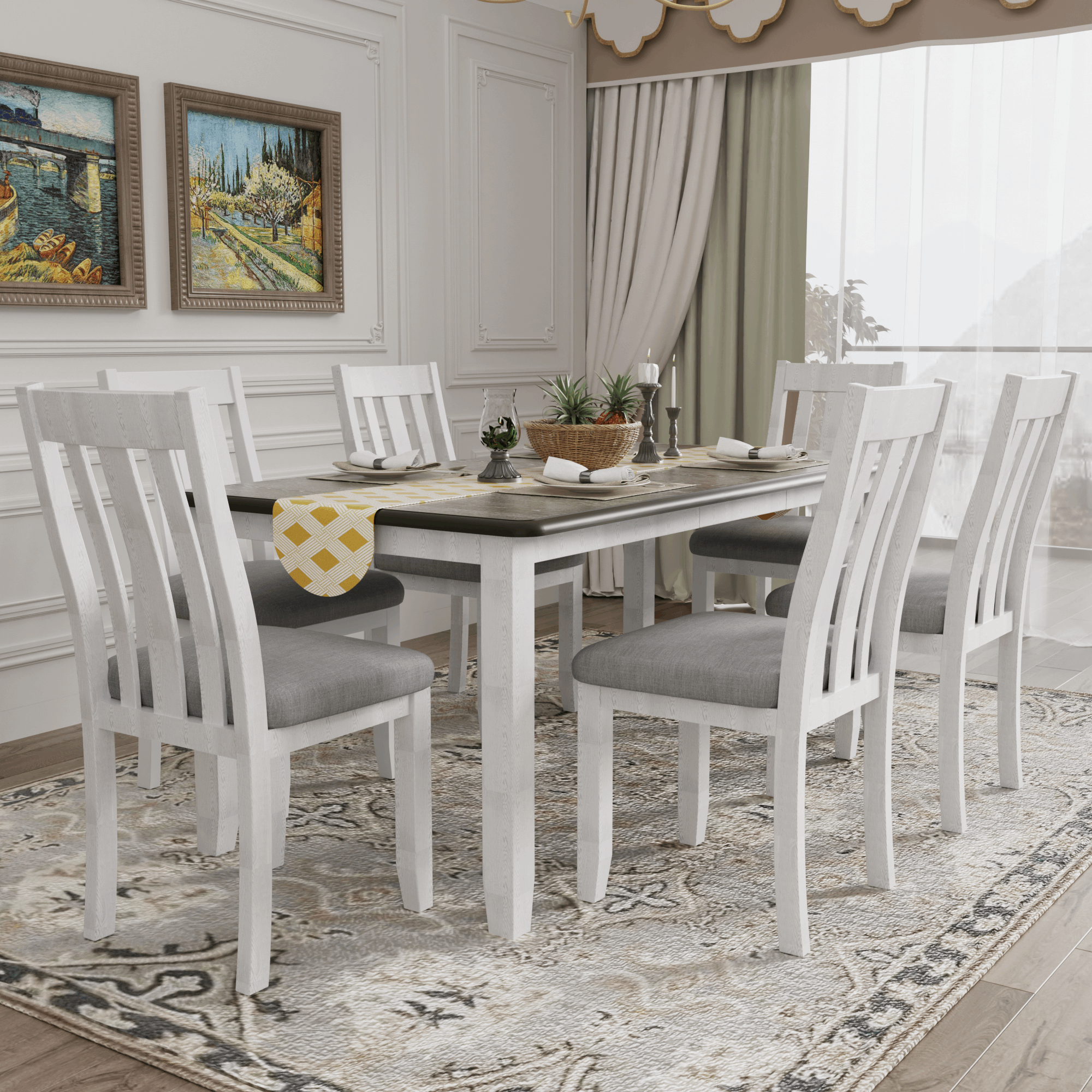 Bellemave 7-Piece Retro Style Dining Table Set with Extendable Table and 6 Upholstered Chairs