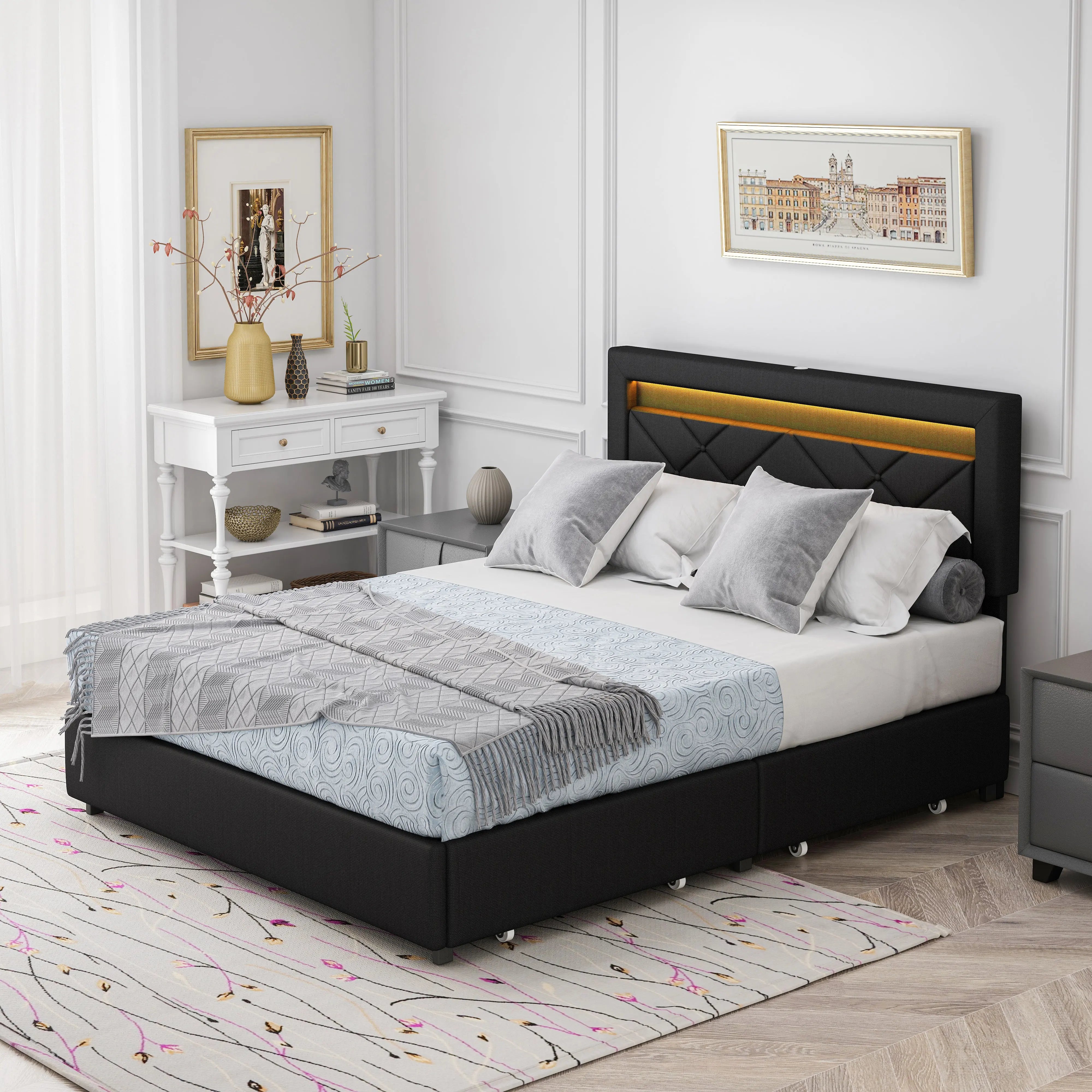 Bellemave® Queen Size Upholstered Platform Bed with LED Lights and USB Charging Station, Four Bottom Drawers Bellemave®