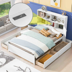 Bellemave Full Size Platform Bed with Storage Headboard, Charging Station and 4 Drawers