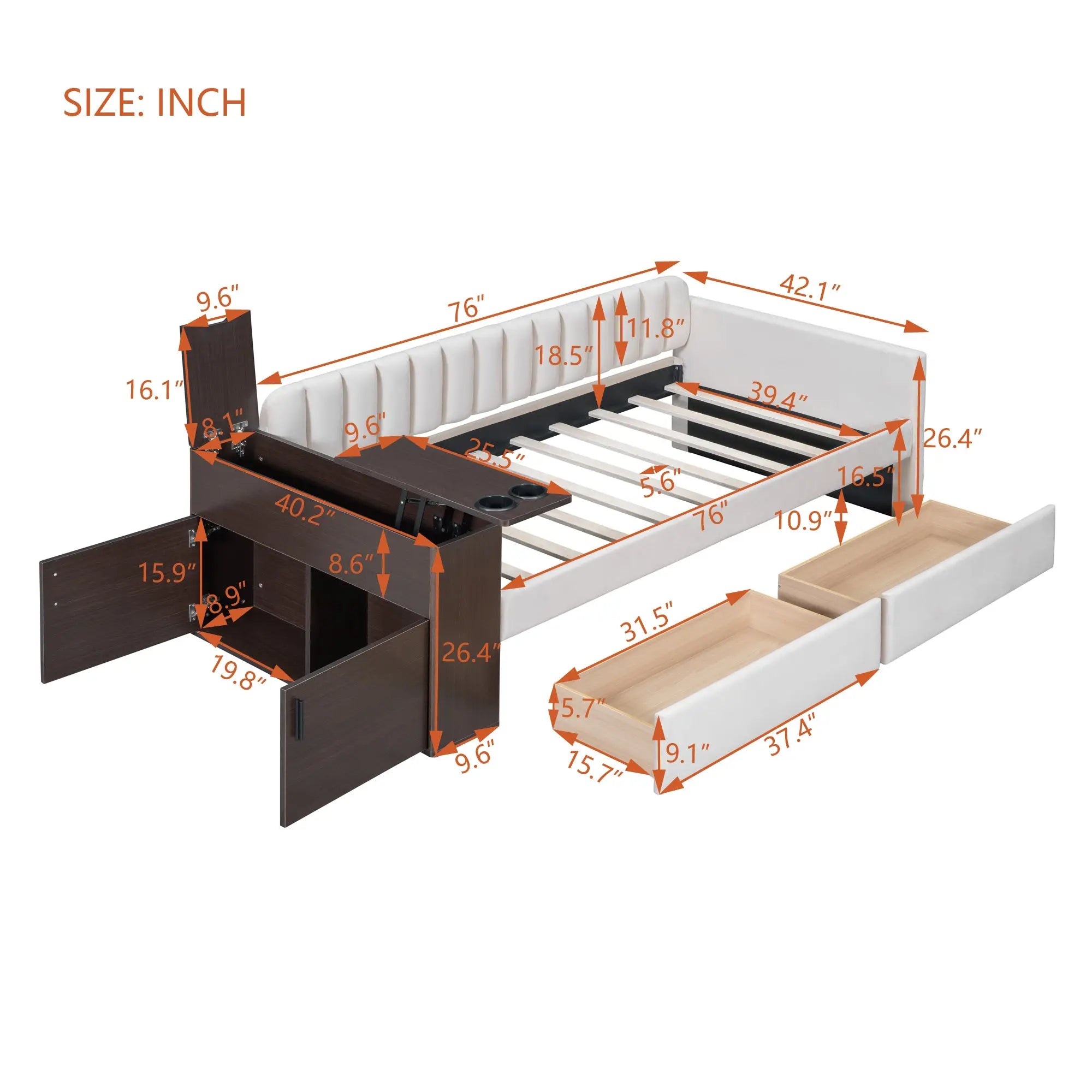 Bellemave® Twin Size Upholstered Daybed with Storage Armrest and 2 Drawers, Cup Holder and a set of USB Ports and Sockets Bellemave®